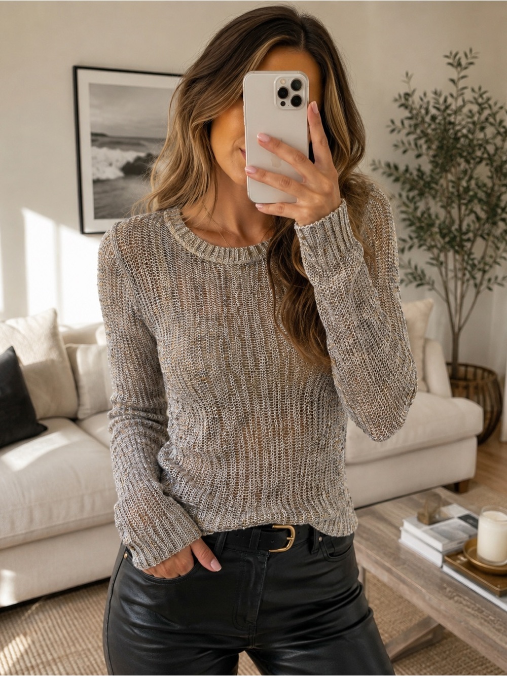 GUESS by Marciano Metallic Silver Gold Knit Sweater XS Y2K Glam